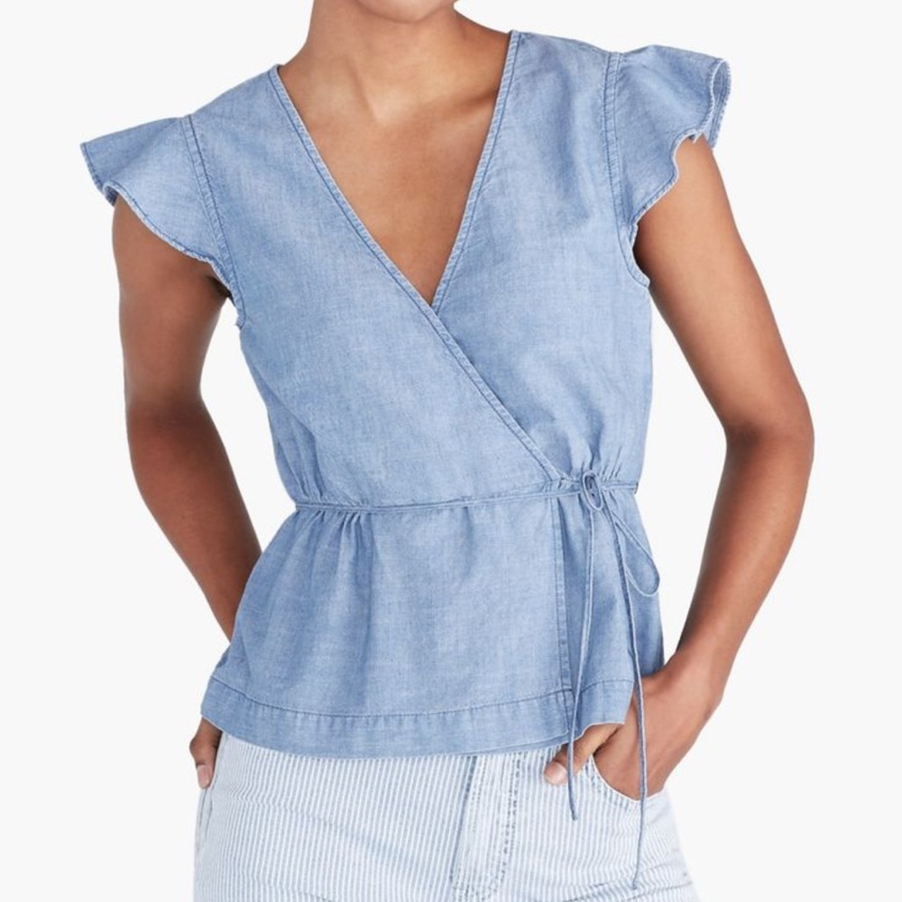 🩵 J.Crew Sz 0 Chambray, Faux Wrap Short Sleeves W thin Belt